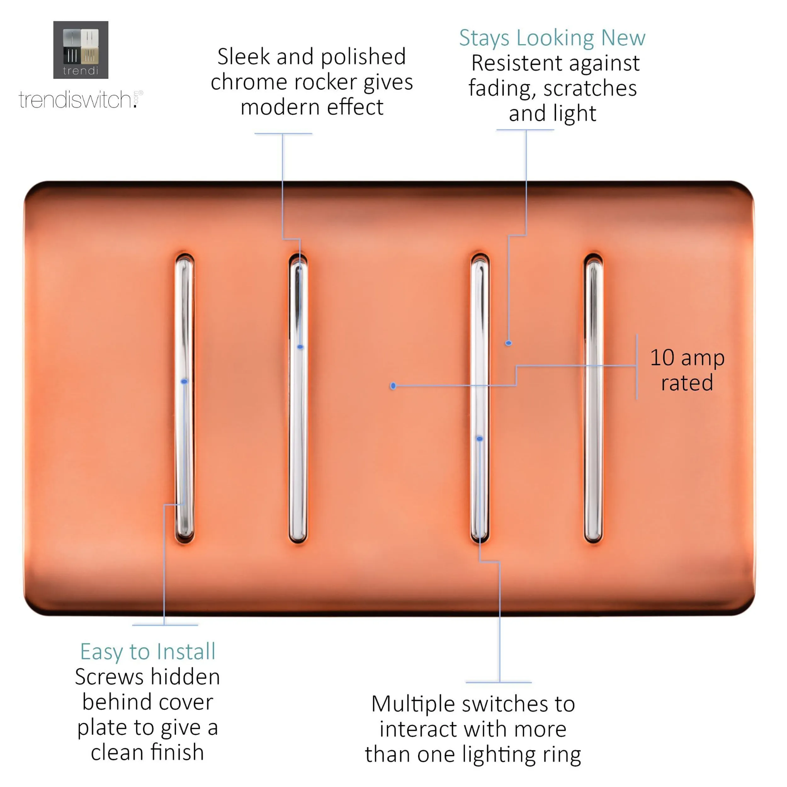 4 Gang 2 Way 10 Amp Rocker Twin Plate Copper ART-SS44CPR  Trendi Copper